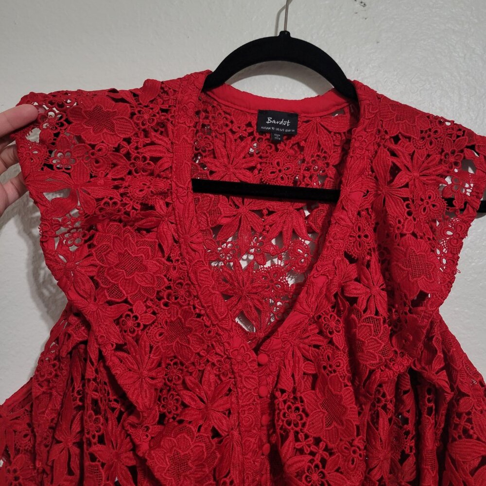 Bardot Red Lace Cold-Shoulder Ruffled Blouse - Picture 9 of 13